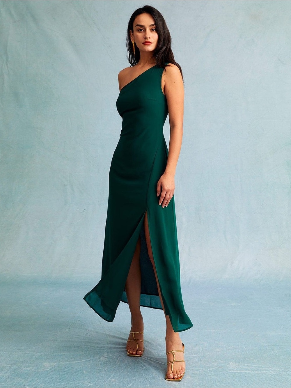One-Shoulder Emerald Green Evening Dress with Leg Slit - Picture 2 of 3